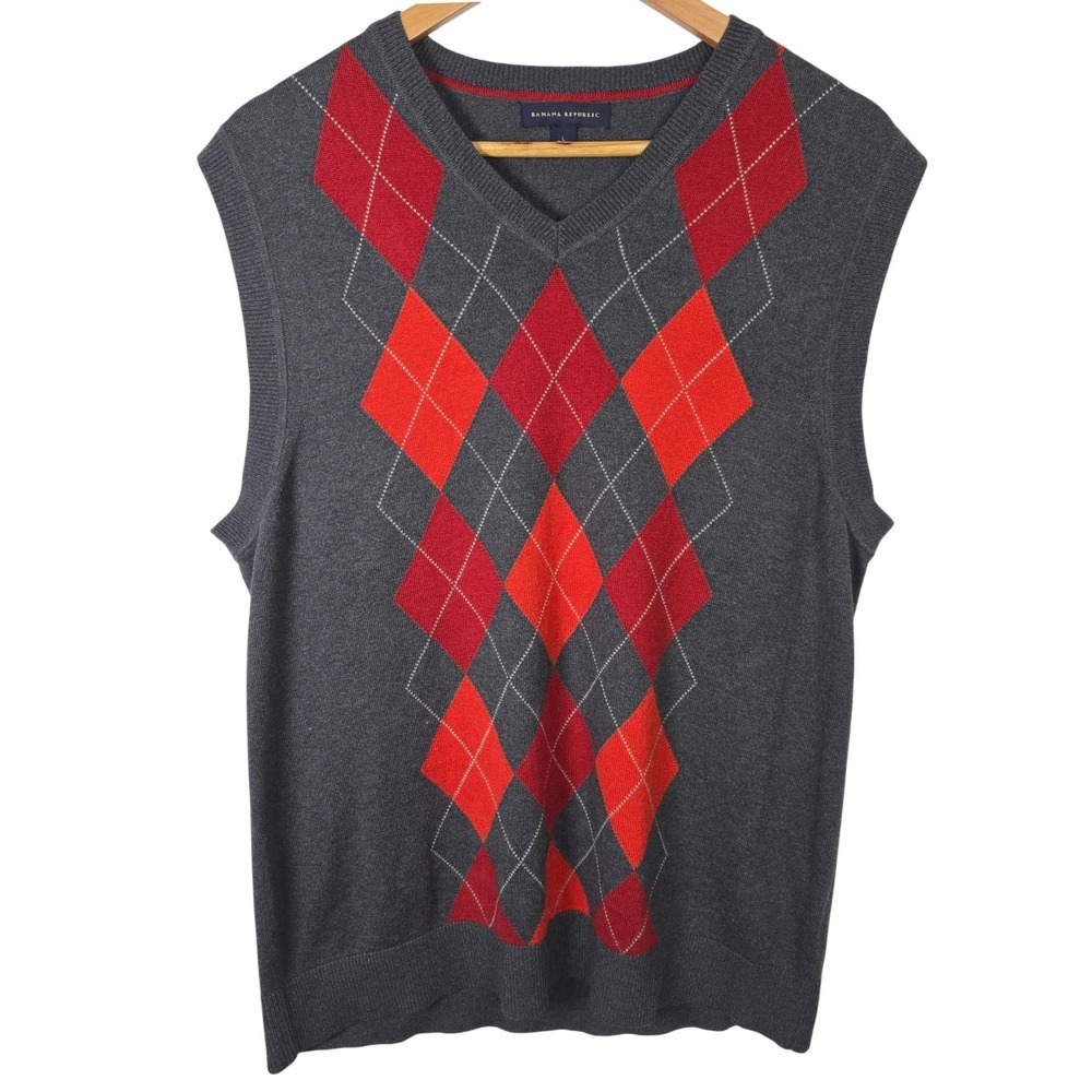 Banana Republic Mens Silk Cashmere Argyle Sweater Vest Gray Red‎ V-Neck Large